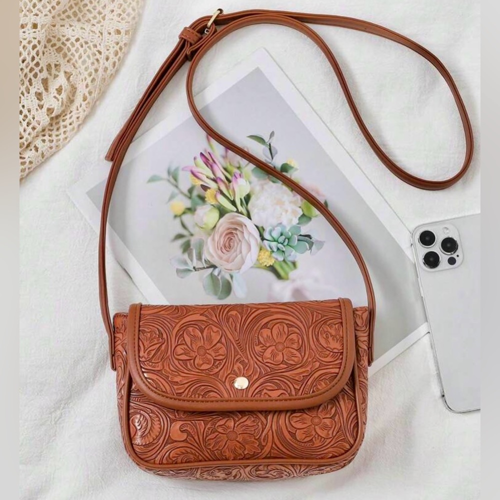 Floral Embossed Tan Crossbody Bag